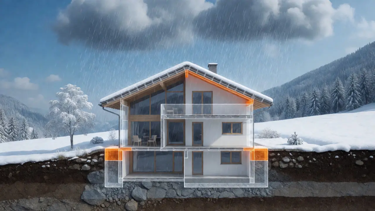 Konzeptdarstellung eines Hauses mit Hochwasser- und Schneelast-Risiken