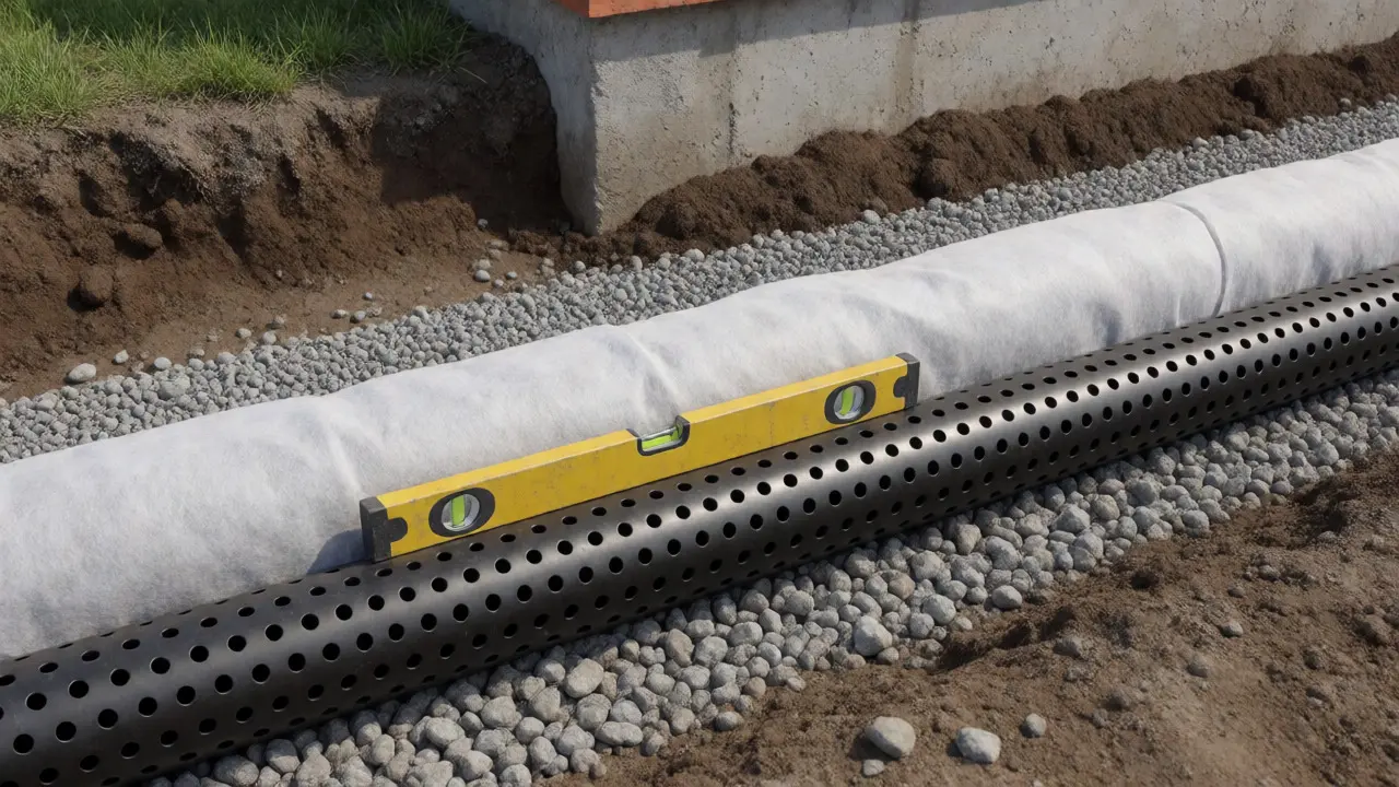 Querschnitt einer Drainage mit Rohr, Kies und Filtervlies