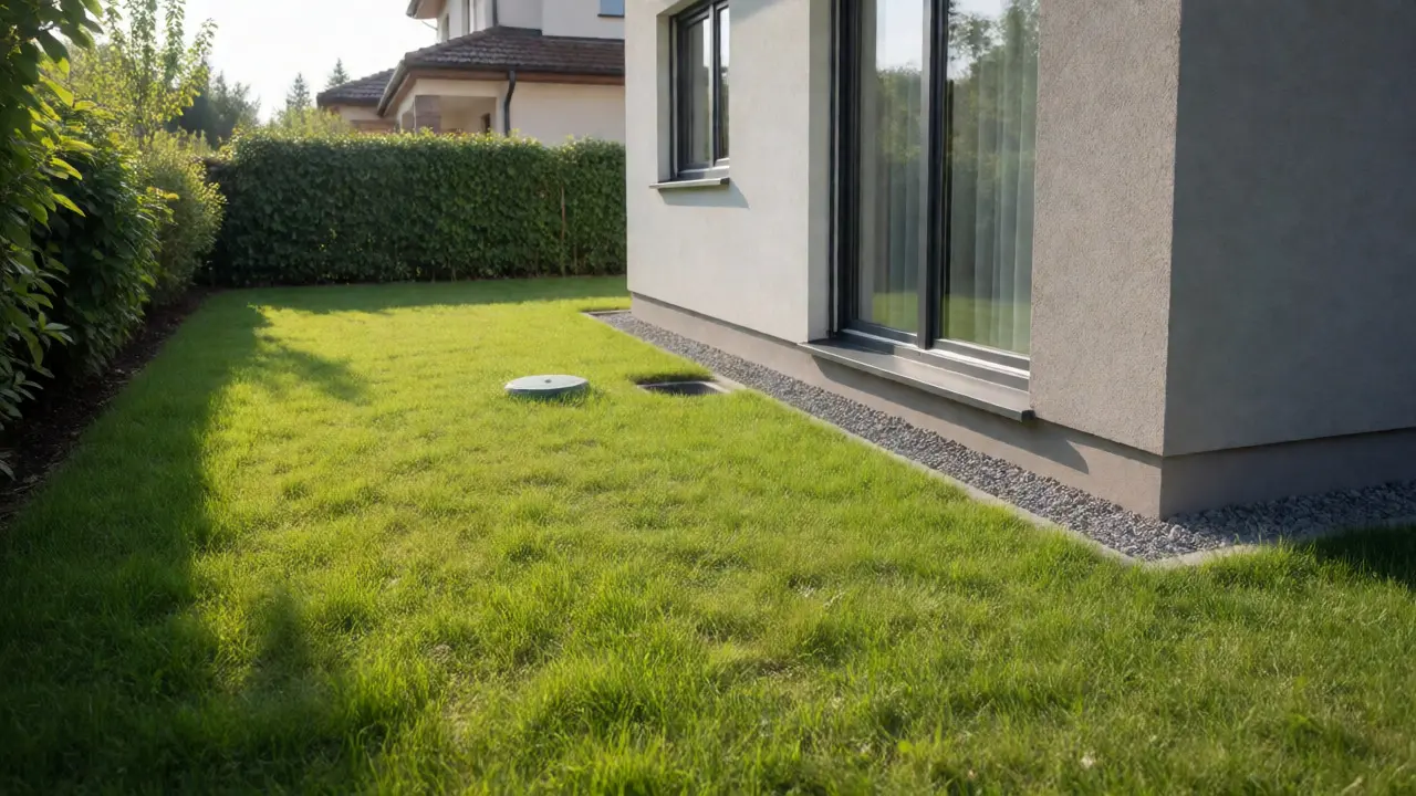 Trockener Gartenbereich neben einem Haus nach Drainage-Einbau