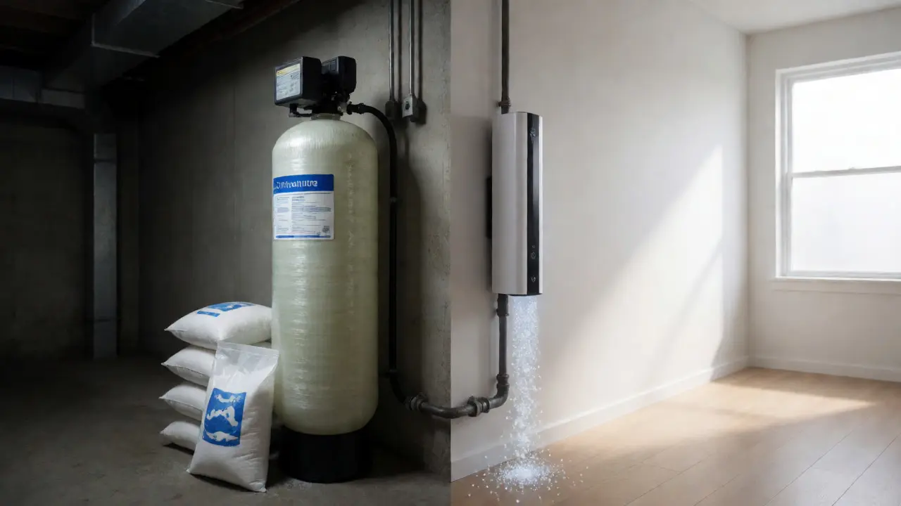 Vergleich zwischen großem Ionentauscher im Keller und schlankem Filter im Flur